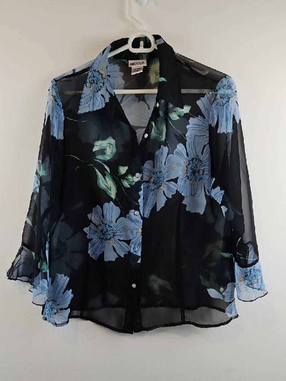 NICOLA Black Sheer Floral Button-Front Blouse with Blue Floral Tank Size Medium - Picture 2 of 8